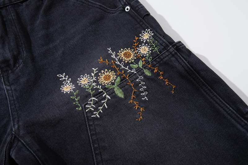 Casual Knife-Edge Pants for Men, Loose Straight-Leg Patchwork Denim Pants, Embroidered Wide-Leg Long Pants