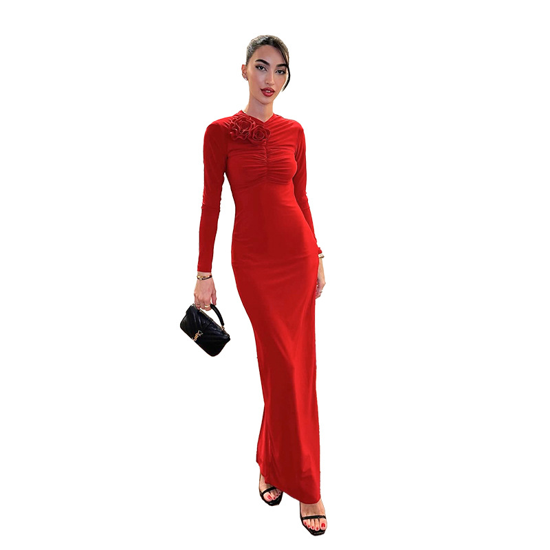 V-Neck Knitted Raised Floral Open Back Slit Dress