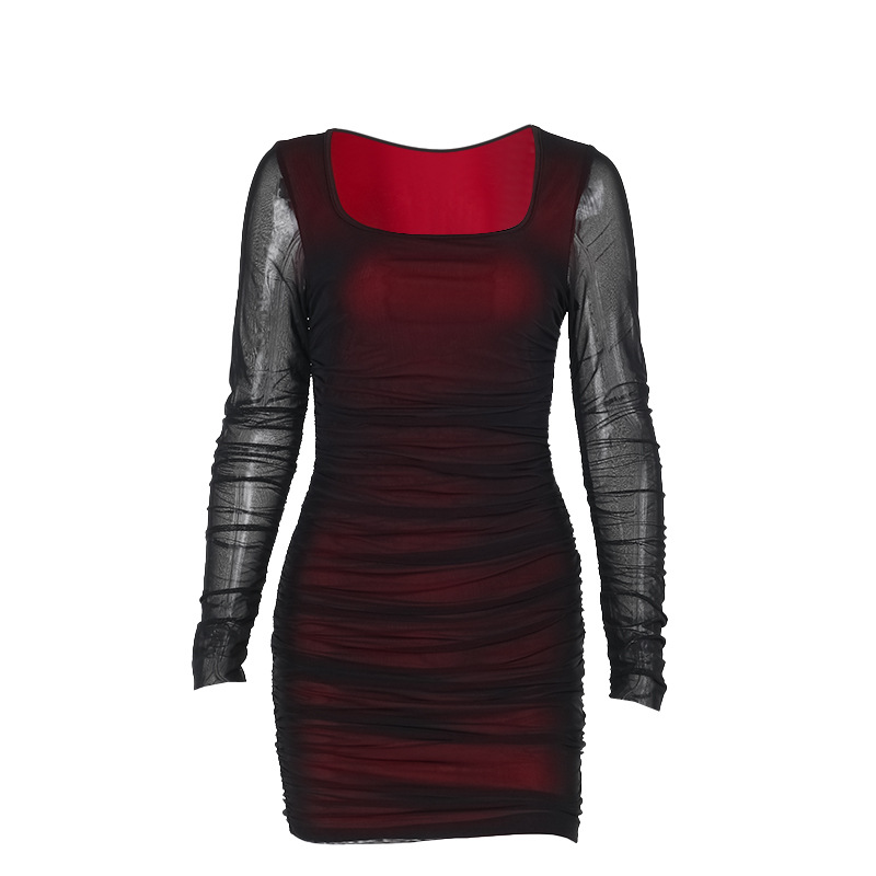 Form-Fitting Full-Sleeve Ruched Hip Dress