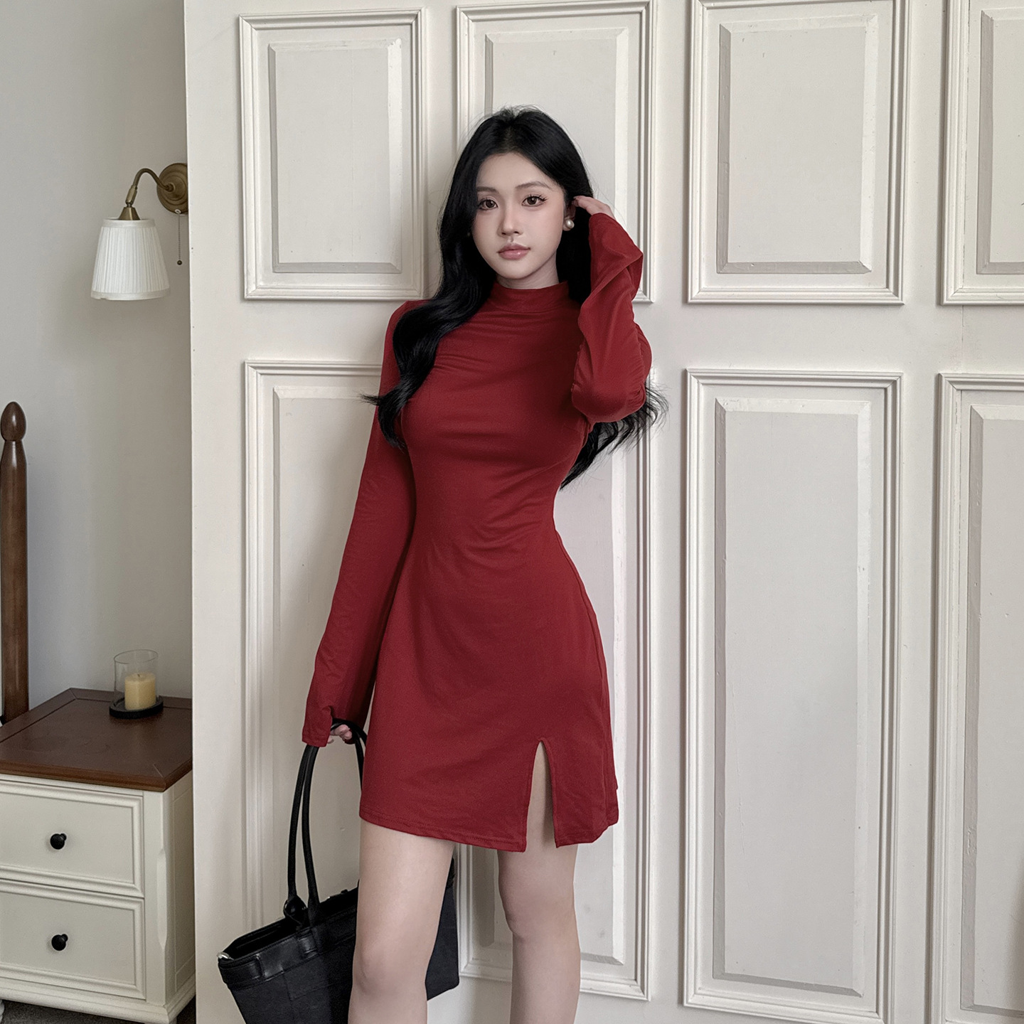 Mock Collar Solid Split Hem Bodycon Dress