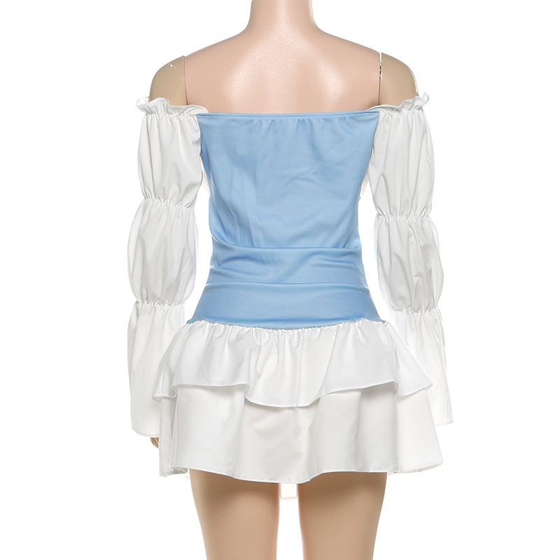 Chic Asymmetric High Waist Two Tone Puff Dress