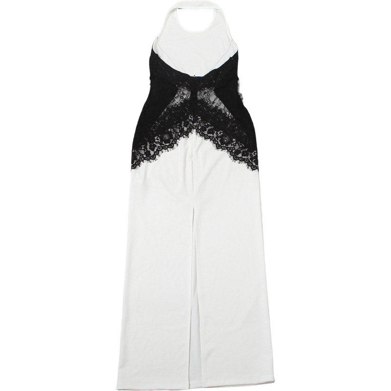 Halter High Waist Fitted Bicolor Perforated Paneled Dress
