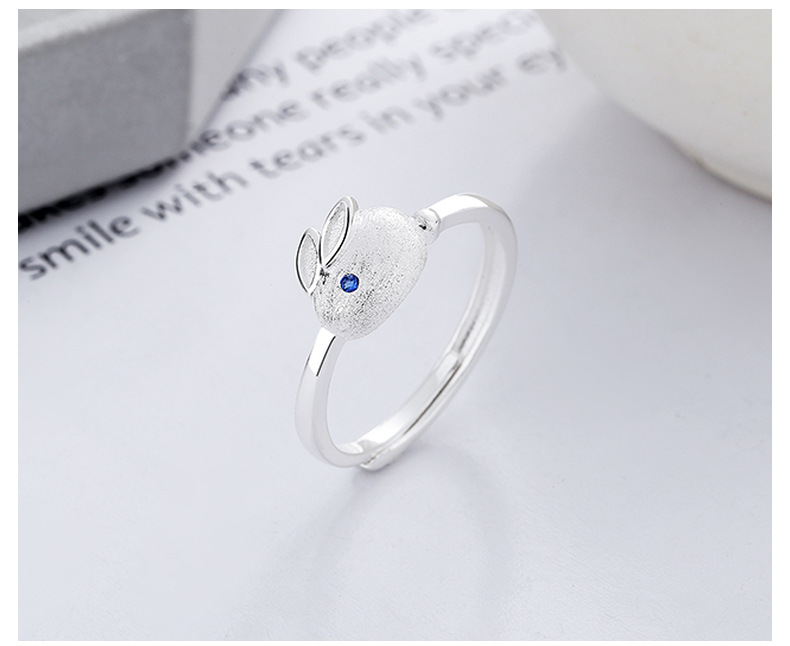 S925 Sterling Silver Little Fresh Rabbit Year of Life Cute Little White Rabbit Jade Rabbit Style Open Ring