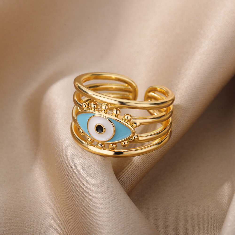 Turkish Zircon Evil Eye Rings For Women Open Adjustbale Gold Plated Stainless Steel Ring Couple Rings Wedding Jewelry Bague