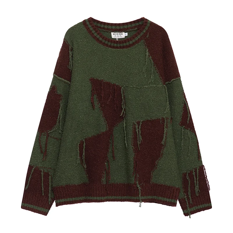 Ladies Long-Sleeved Round Neck Fringe Two-Tone Sweater