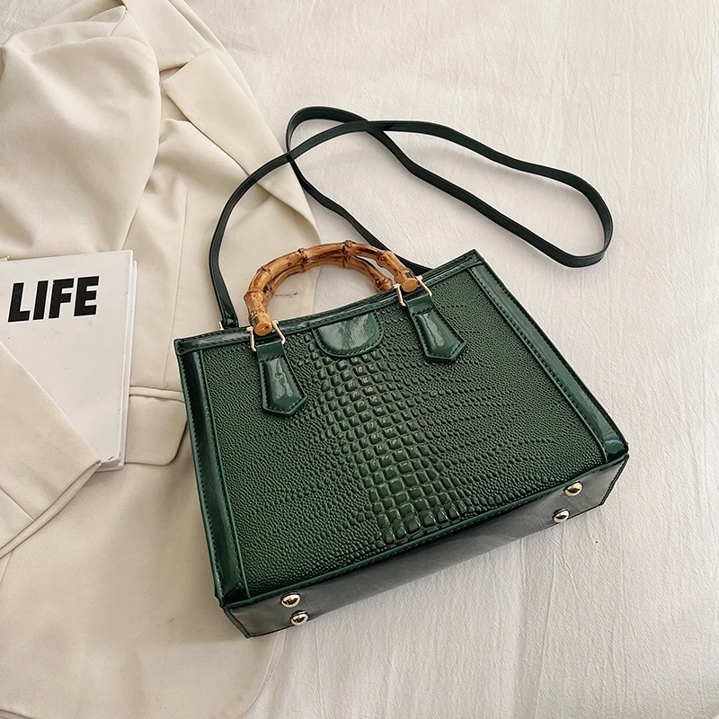 High Quality Leather Shoulder Bag For Women Luxury Alligator Handbag Designer Women Bag Retro Bamboo Handle Tote Bag Female