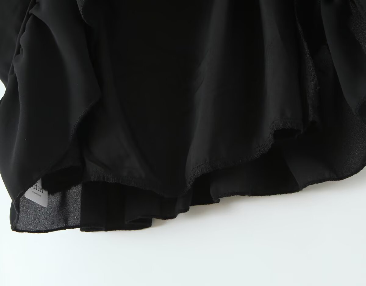 Square collar long sleeved backless black fungus trimmed short dress for women
