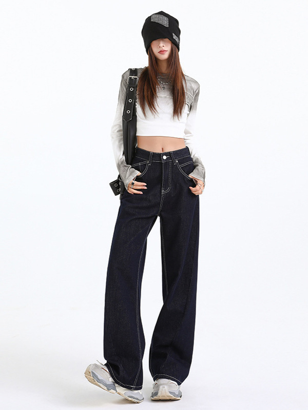 Women's Dark Blue Straight Loose Narrow Version Floor-Length Wide-Leg Long Pants