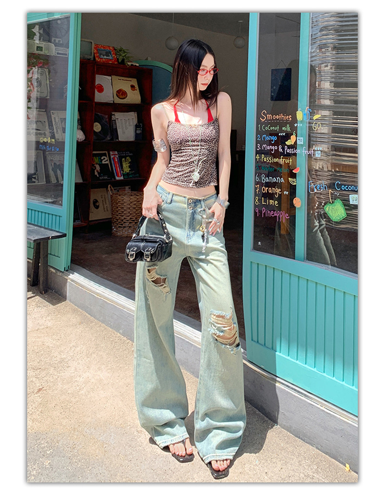 Women's Thin Straight Hole Jeans High Waist Slim Narrow Leg Wide Leg Pants