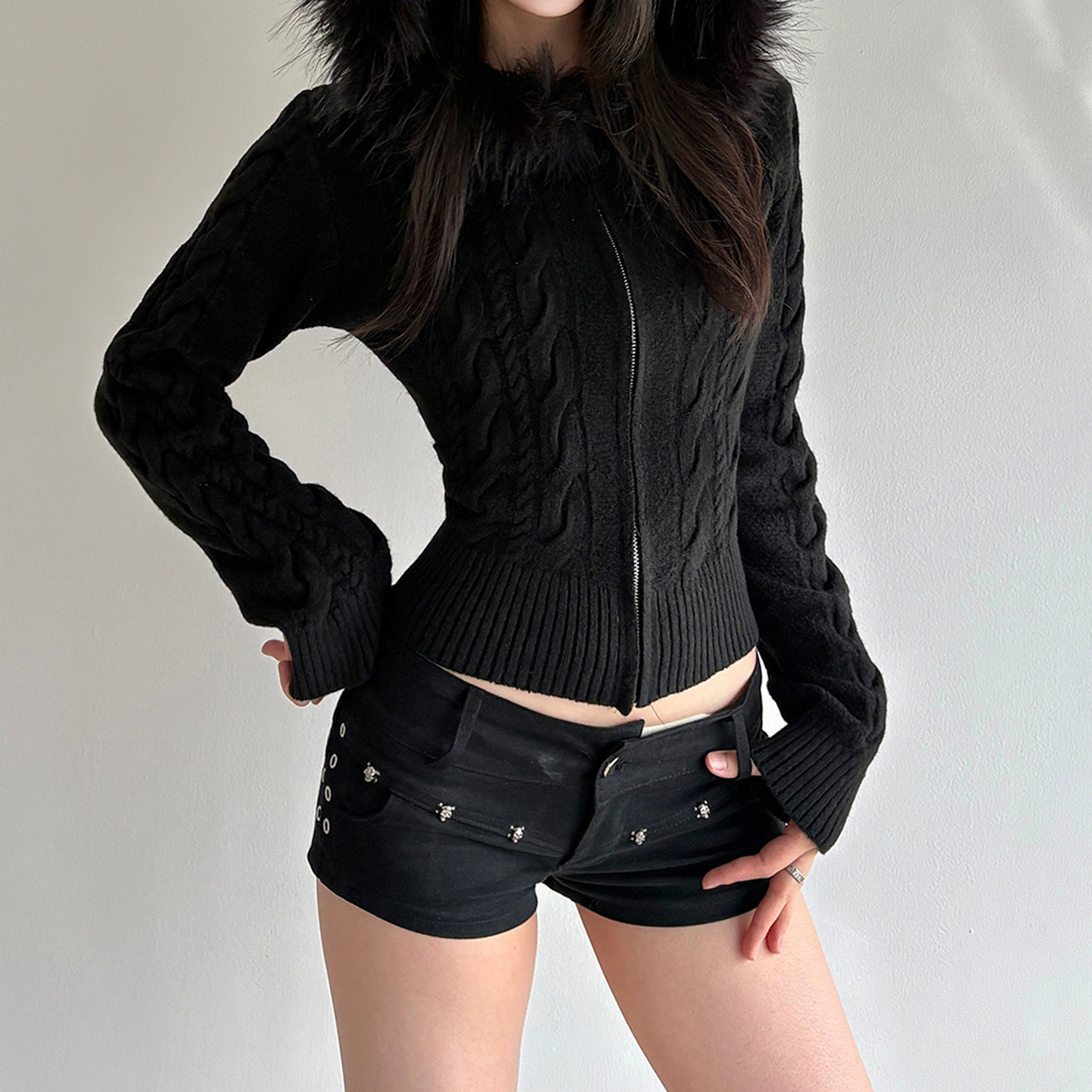 Vintage Herringbone Zip Hood Loose Cardigan