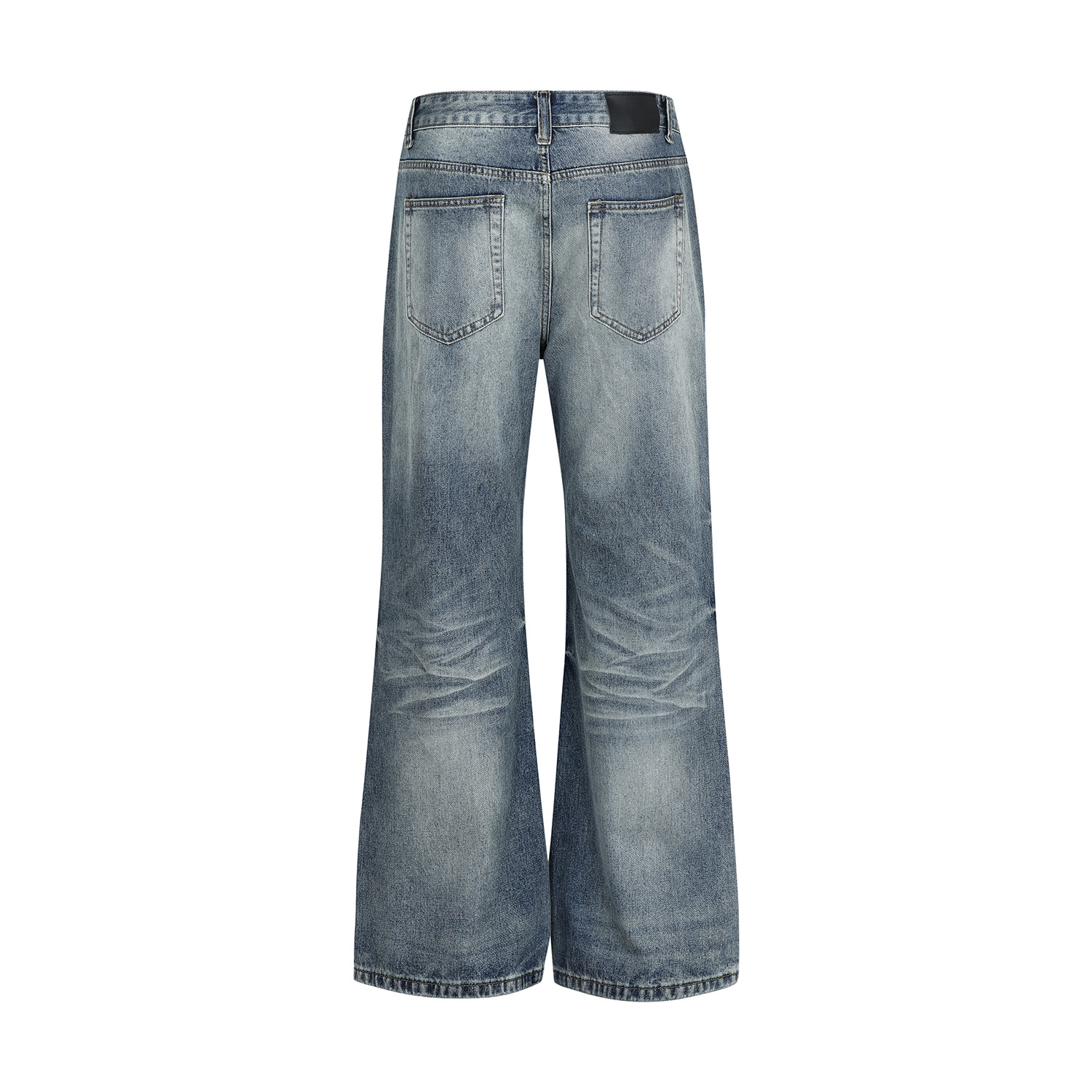 Vintage Street Style Unisex Relaxed Fit Cat-Whisker Pattern Washed Blue Flared Denim Jeans for Men