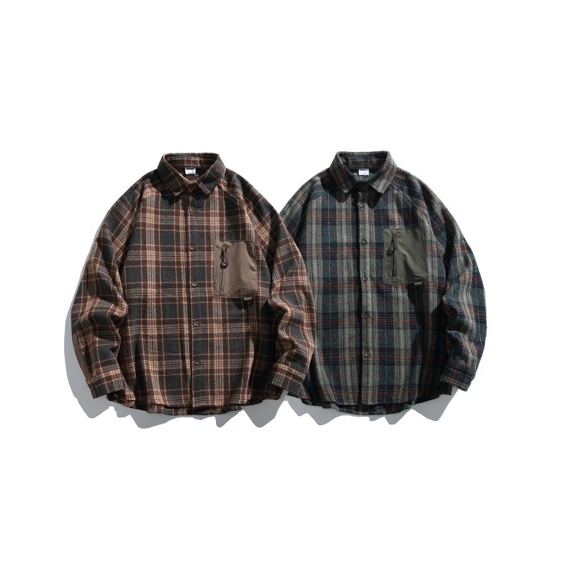 Oversized Contrast Plaid Zip Pouch Full-Sleeved Shirt