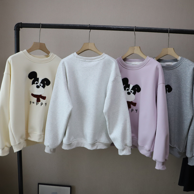 Casual Cartoon Embroidered Fleece Lined Thick Hoodie for Women Round Neck
