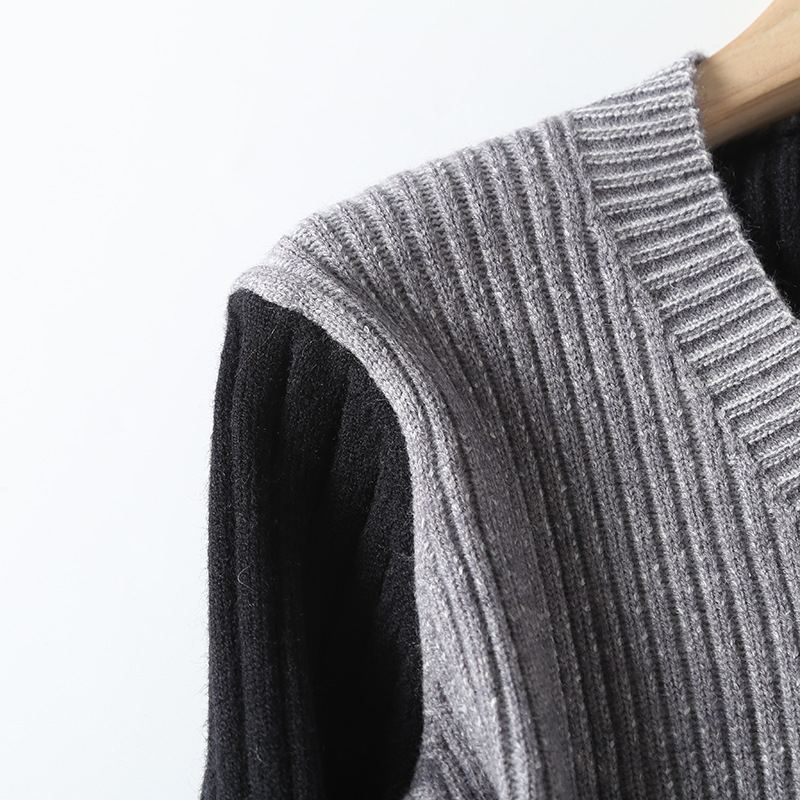 Black Color-block Short Knitting Cardigan Sweater V-Neck Long Sleeve Women New Fashion Trend Autumn Winter