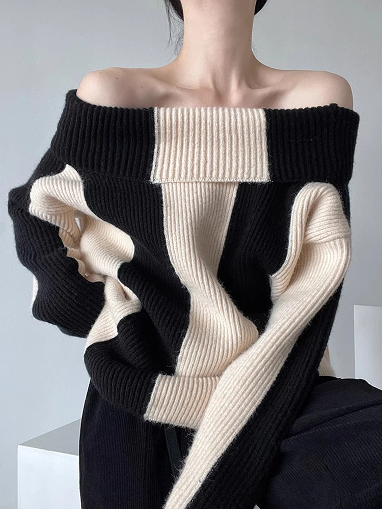 Ladies Oversized Two-Tone Asymmetric Acrylic Sweater