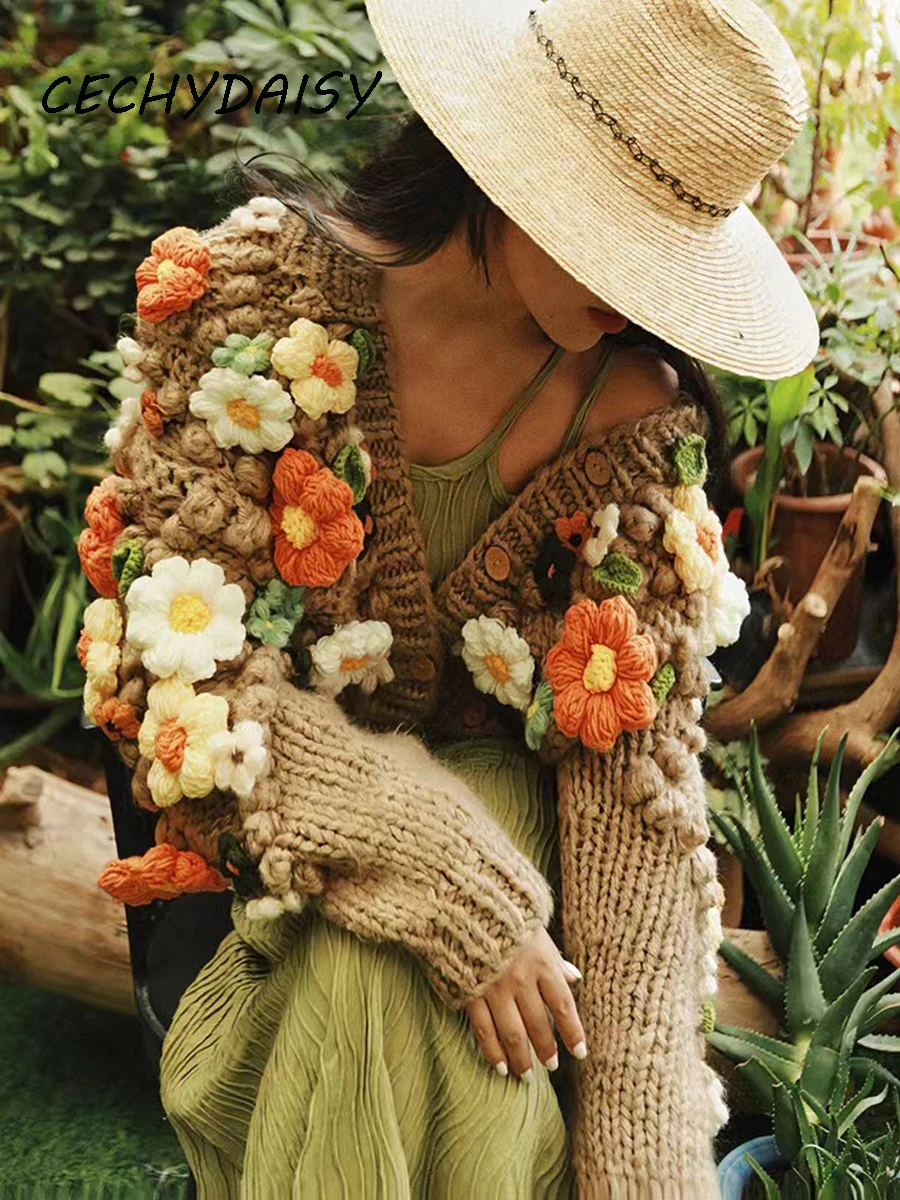 Women's Oversized Wool Button Front Floral Cardigan