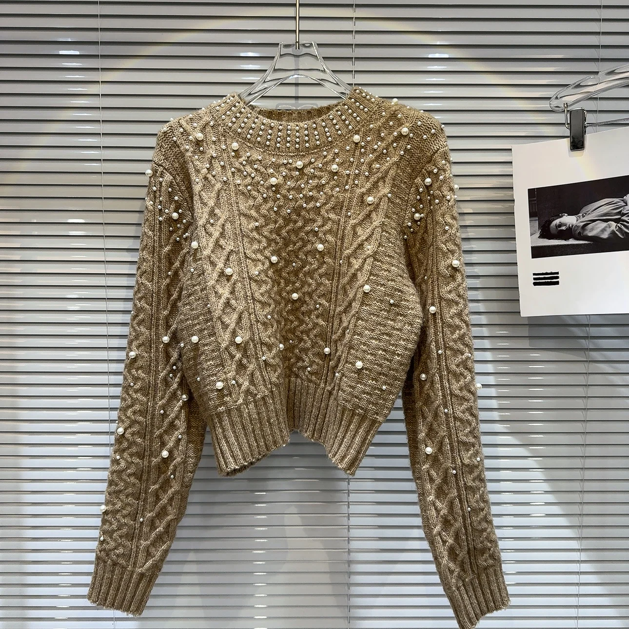 Ladies Beaded Mesh Crew Sweater