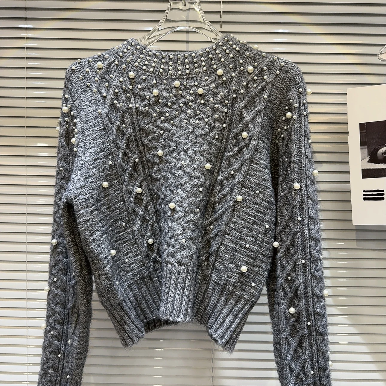 Ladies Beaded Mesh Crew Sweater