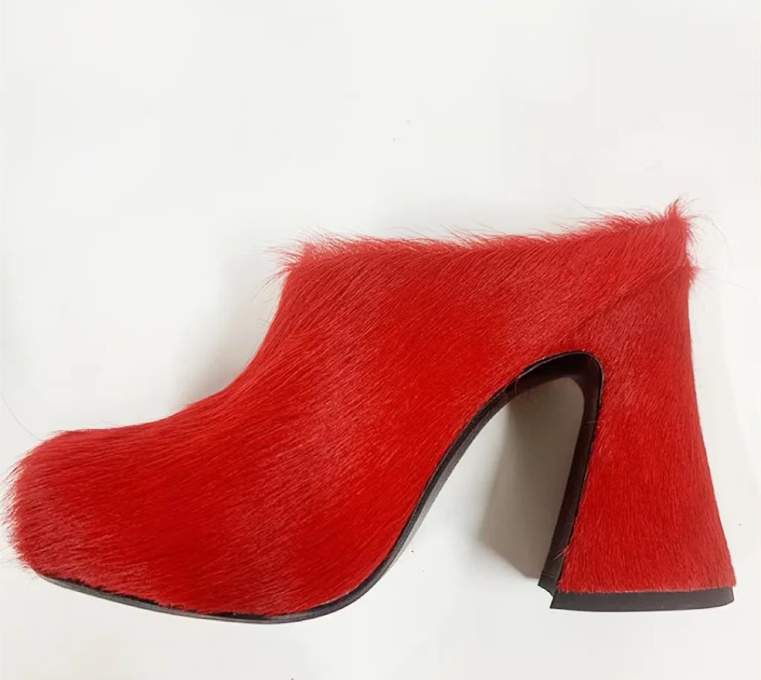 Round headed candy colored genuine leather horse hair with raised height inside casual lazy half slippers for women