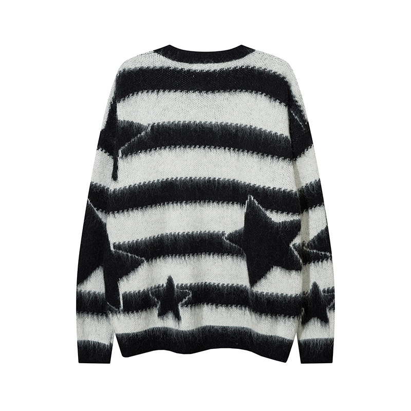 Striped Star Mohair Crew Neck Sweater Men's Loose Casual Couple Knit Top