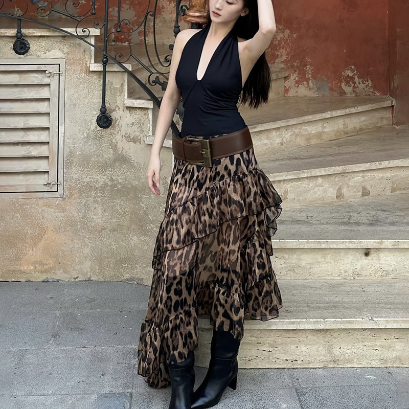 Leopard high waisted loose skirt for women
