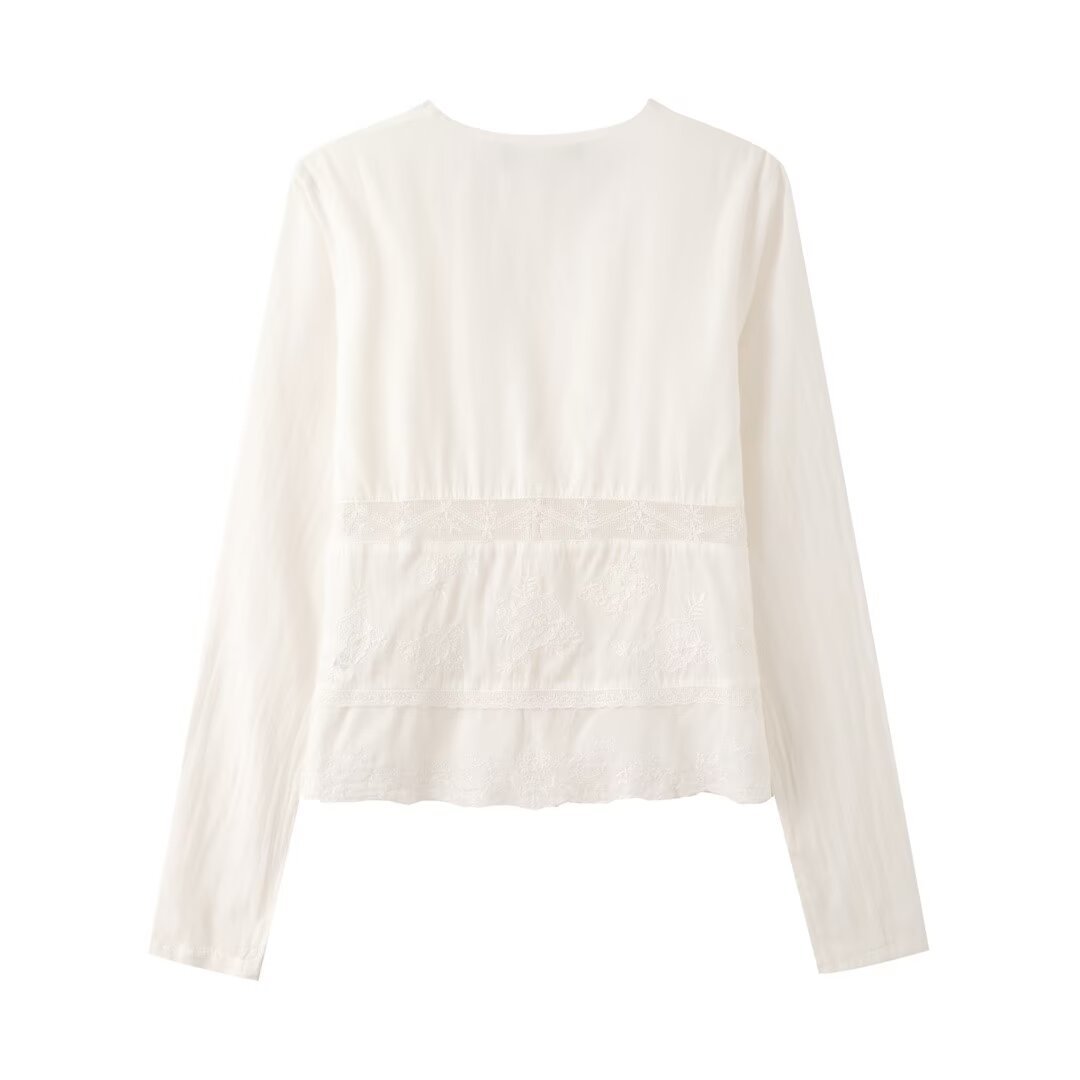 V-neck long sleeved solid color lace up shirt top for women