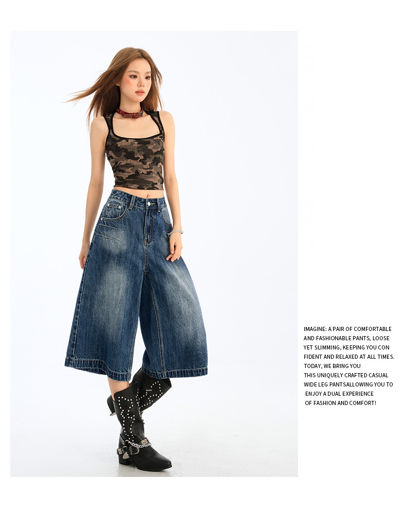 Wide-Leg Seven-Point Denim Pants for Women High-Waist Loose Fit Lazy Style Straight Leg Versatile Mid-Length Trousers