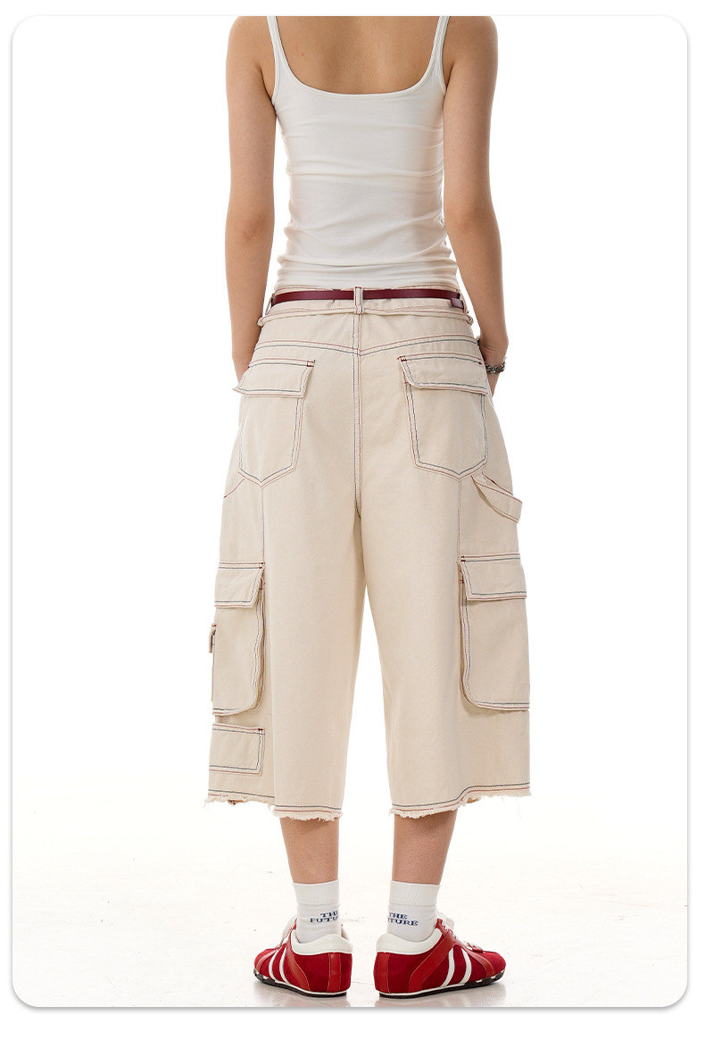 Multi-Pocket Workwear Capri Pants for Men and Women Summer Vintage Washed Loose Fit Wide Leg Casual Shorts