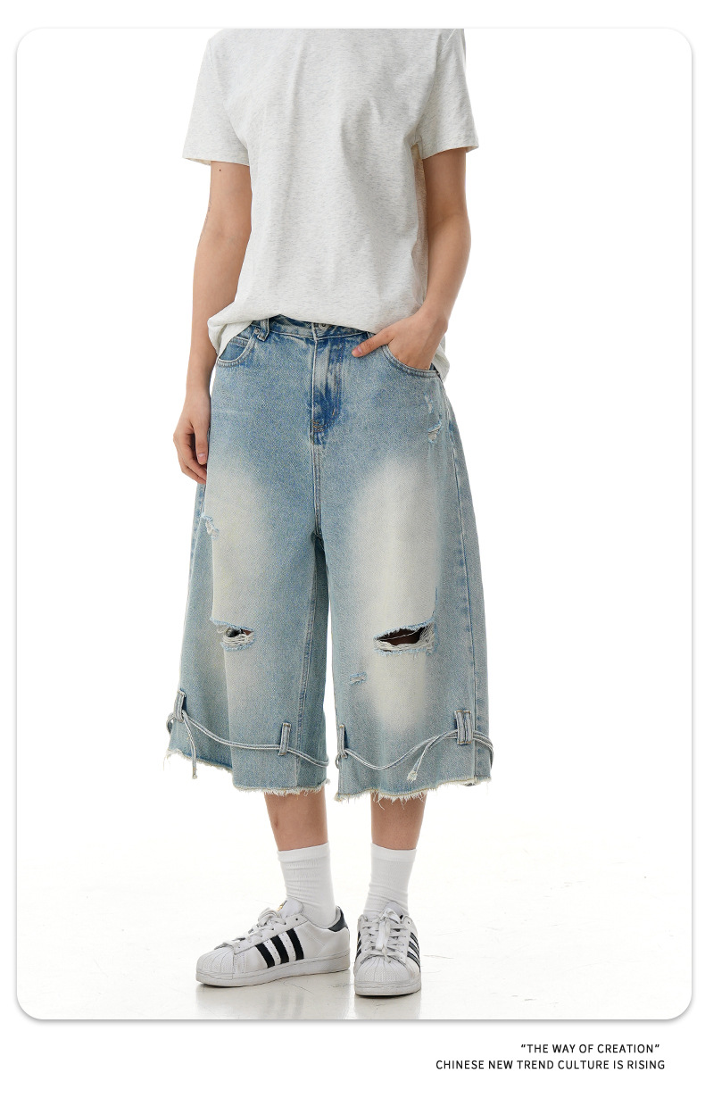 Street Washed Distressed Denim Shorts Loose Wide-Legged Vintage Straight Drawstring Three-Quarter Pants