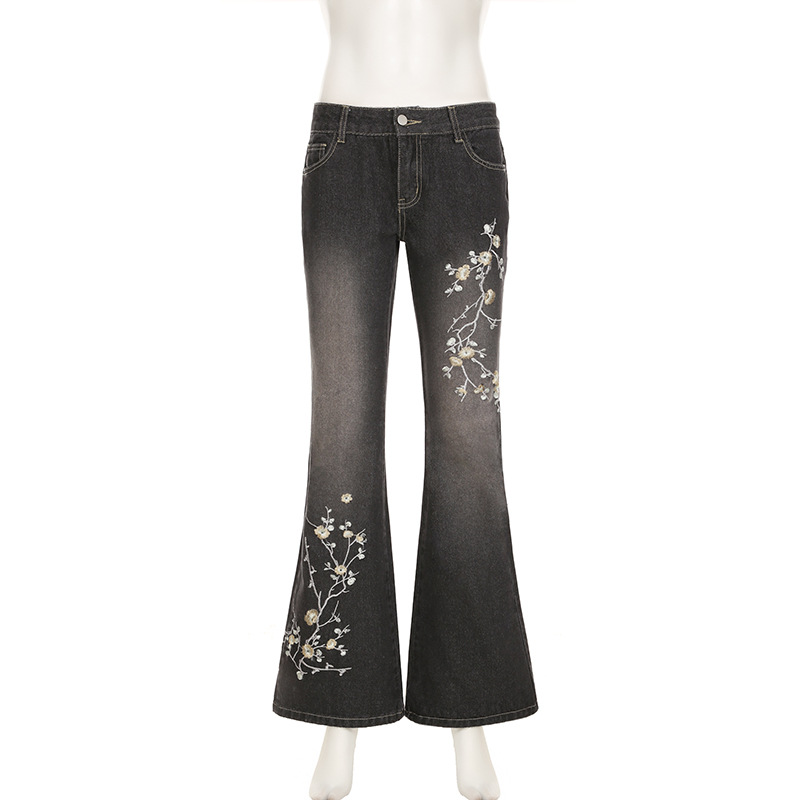 Plant flower embroidery slim fit and slimming flared jeans