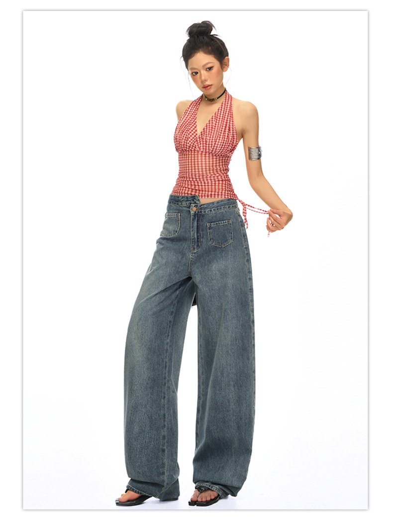 Blue High-Waisted Straight Leg Jeans for Women Loose Wide-Leg Pants Summer