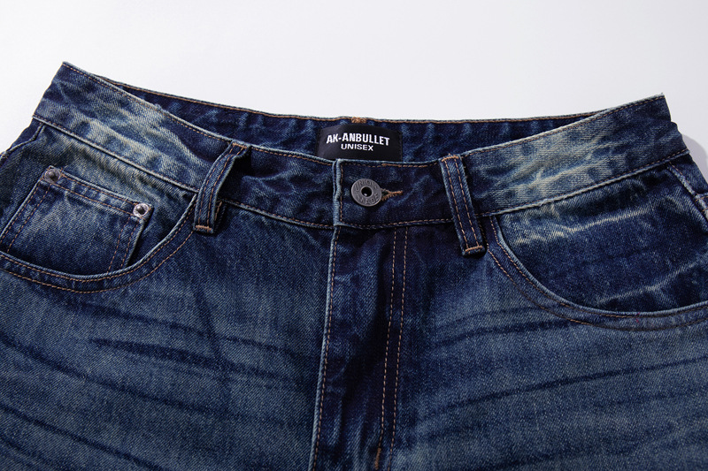 Vintage High-Quality INS Denim Pants Men High Street Washed Gradient Distressed Catwhisker Minimalist Wide-Leg Straight Leg Pants