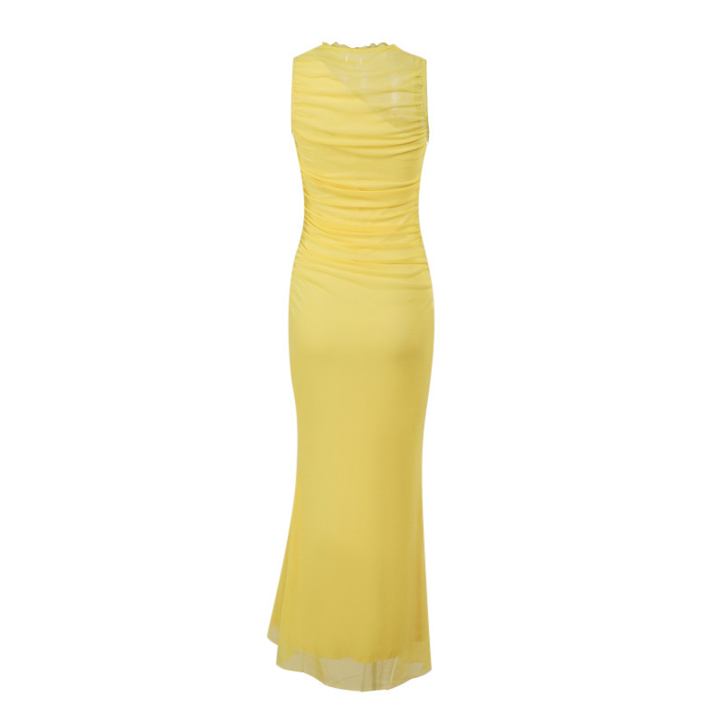 Plain Round Neck Sleeveless Fitted Sheer Polyester Dress