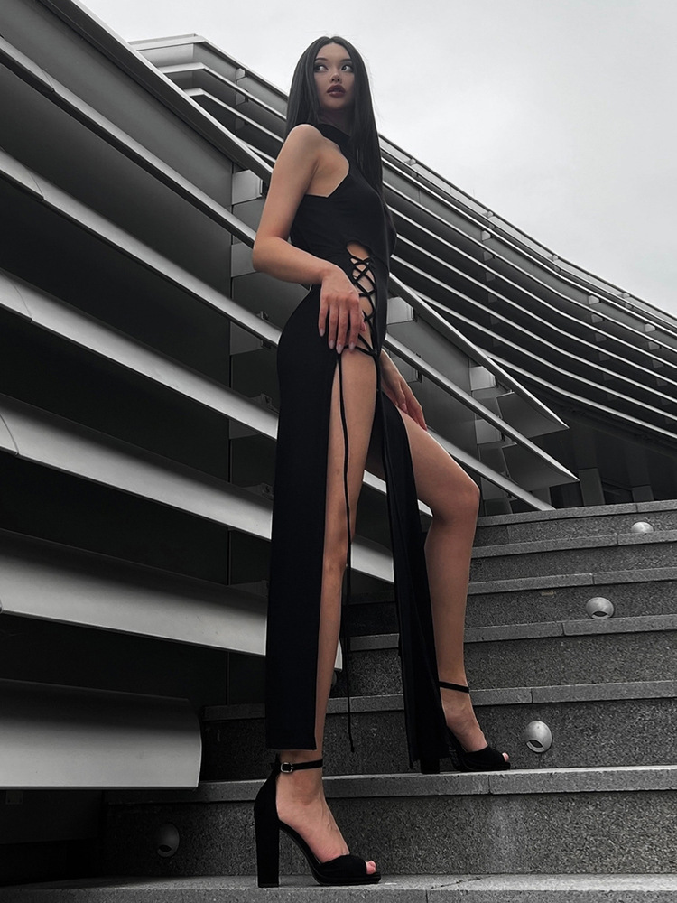 Cowl Cutout High-Waist A-Line Twin Split Dress
