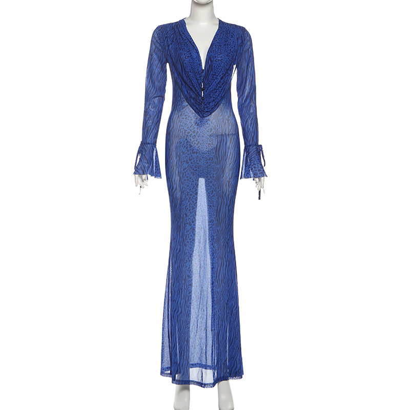 Feline Pattern Fitted Plunging Sheer Extended Sleeve Dress