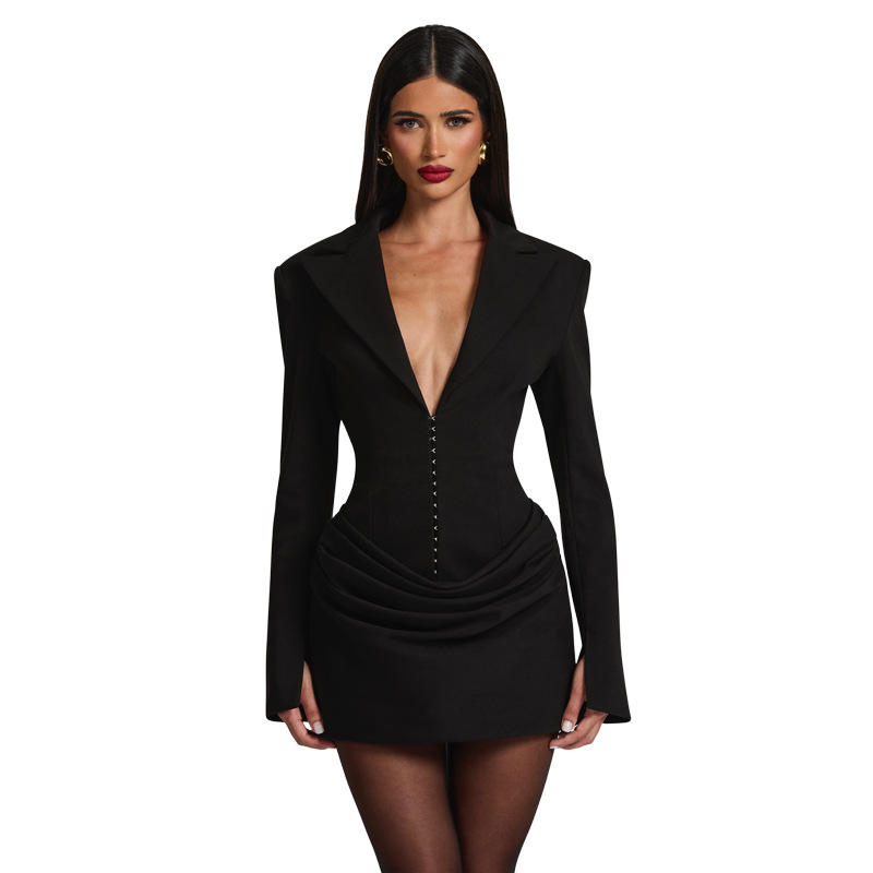 Long Sleeve Plunging Neckline High Rise Mini Dress