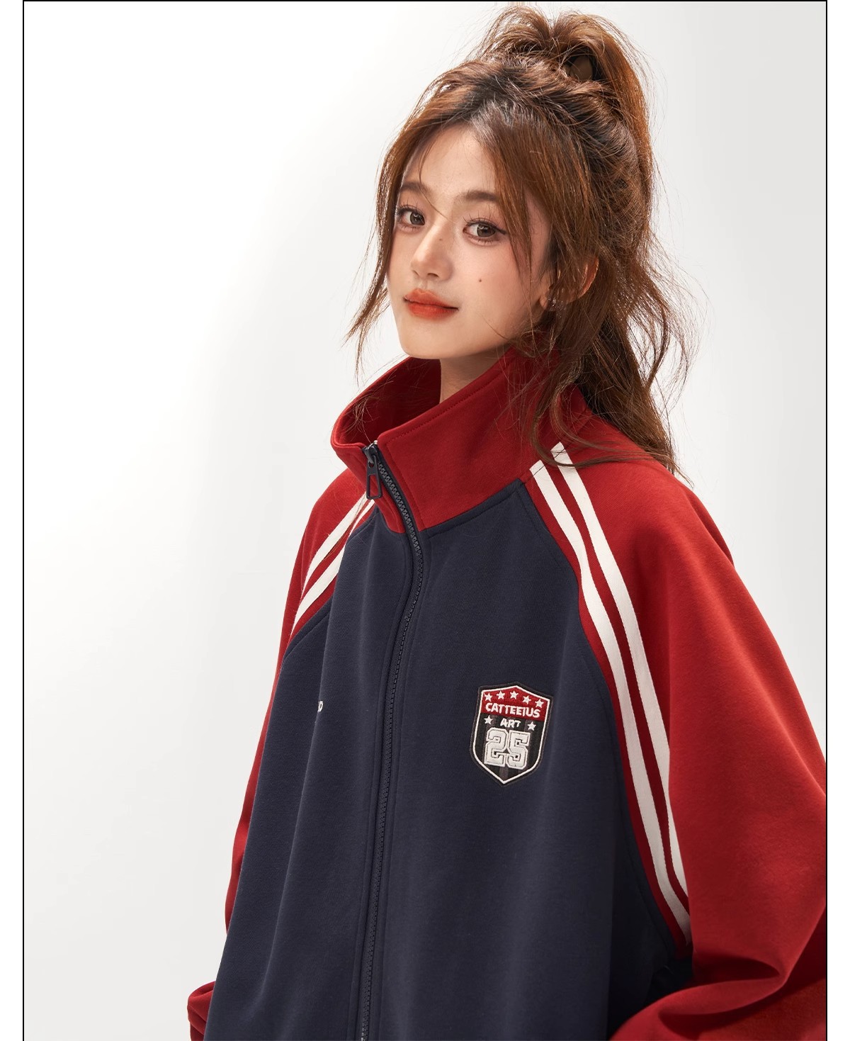 Retro Jacket for Women, High-End Patchwork Raglan Sleeve Hoodie Cardigan, Versatile Stand-Up Collar Top