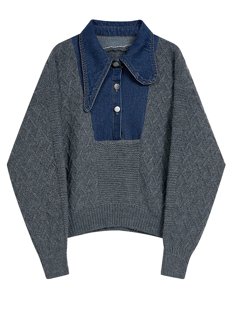 Ladies Charcoal Acrylic Knit Relaxed Notch Collar Pullover