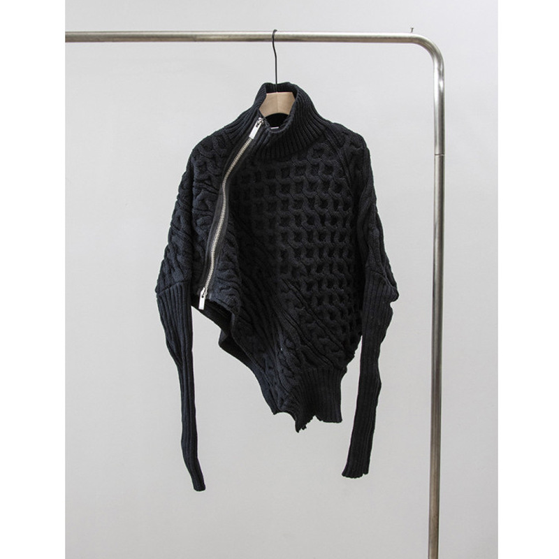 Oversized Zip-Front Polyester Cardigan Asymmetric Neckline