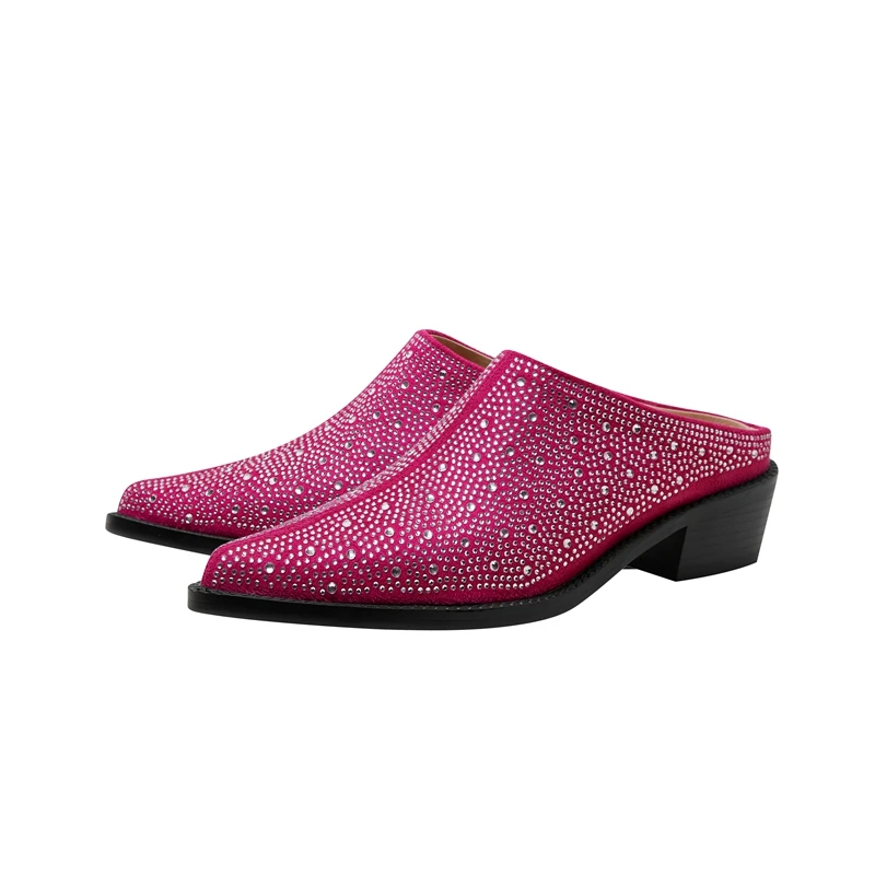 Ladies Tapered Toe Chunky Suede Crystal Mules