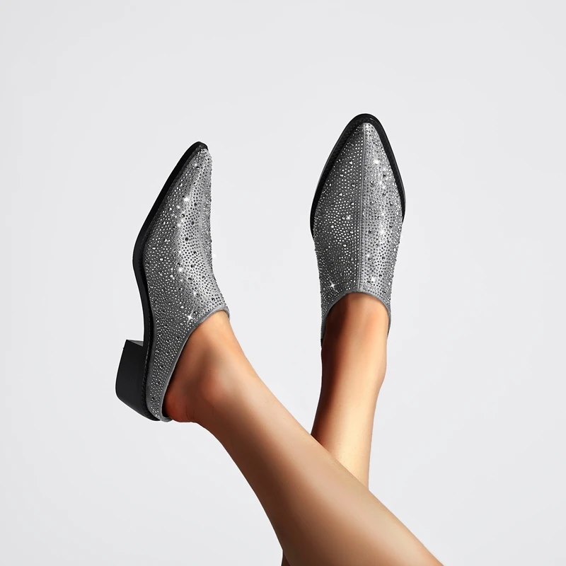 Ladies Tapered Toe Chunky Suede Crystal Mules