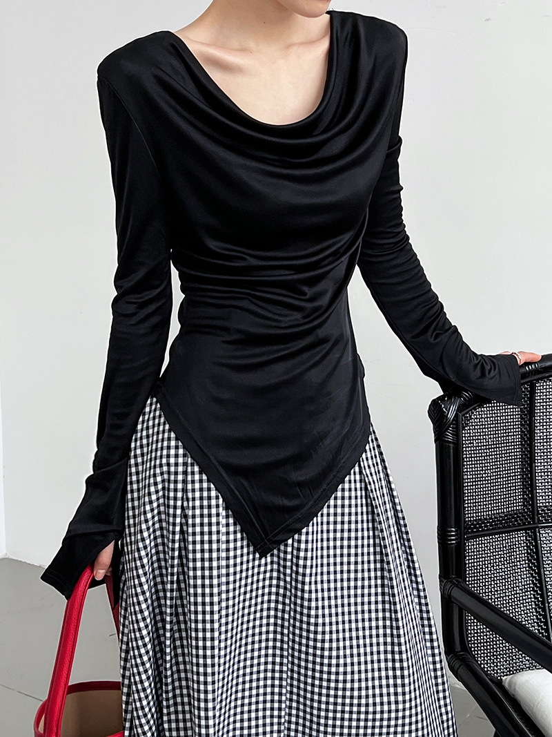 Women Slim Solid Cowl Neck Elongated Sleeve Tee