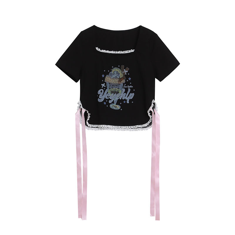 Sweet Printed Short Sleeve T-Shirt with Lace Trim Crop Top