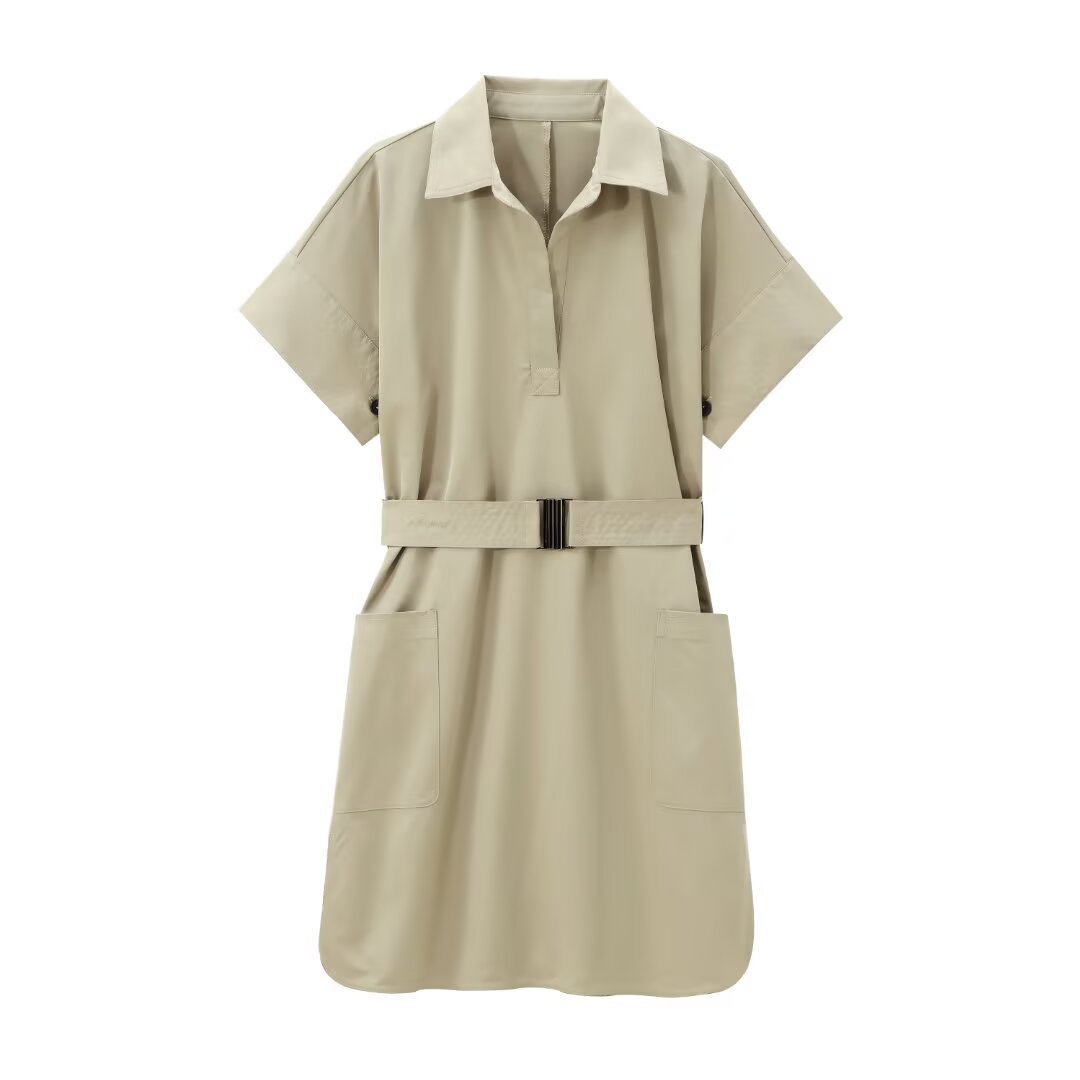 Elegant and Simple Shirt Dress with Waistband for Women