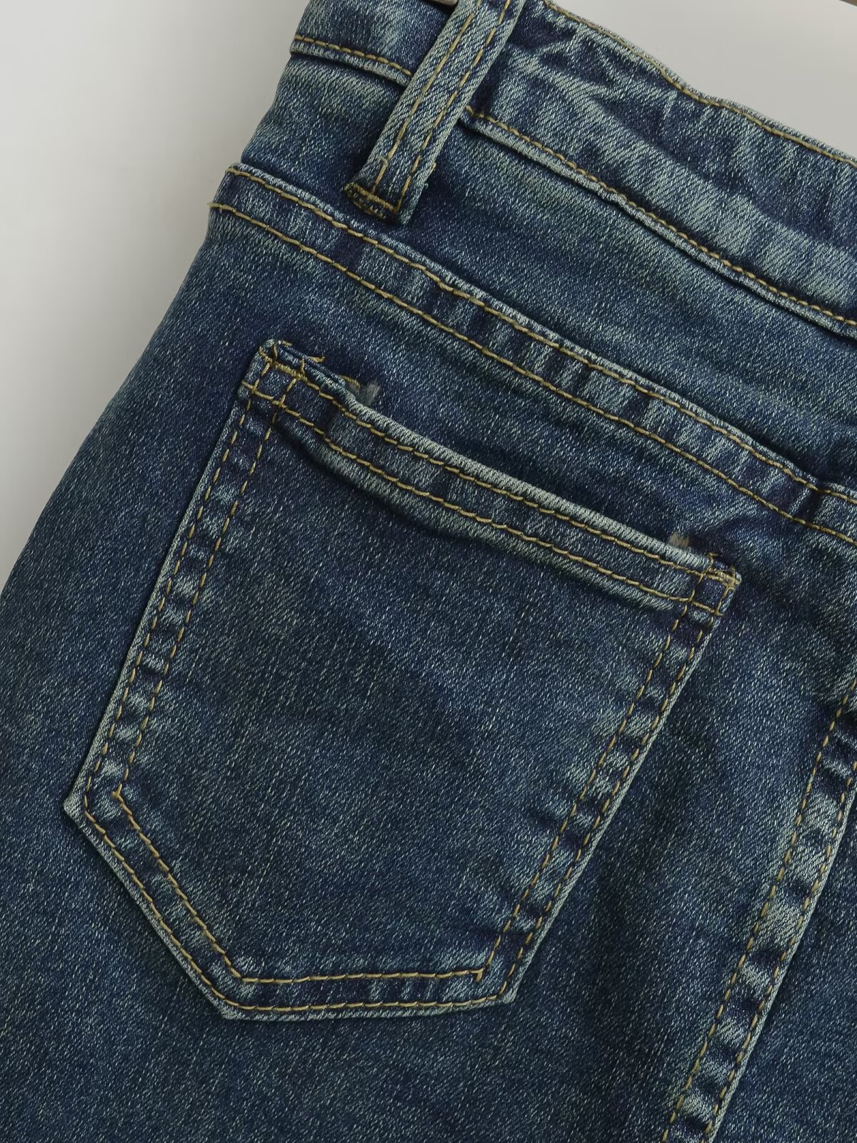 High waisted hip hugging denim short skirt midi skirt