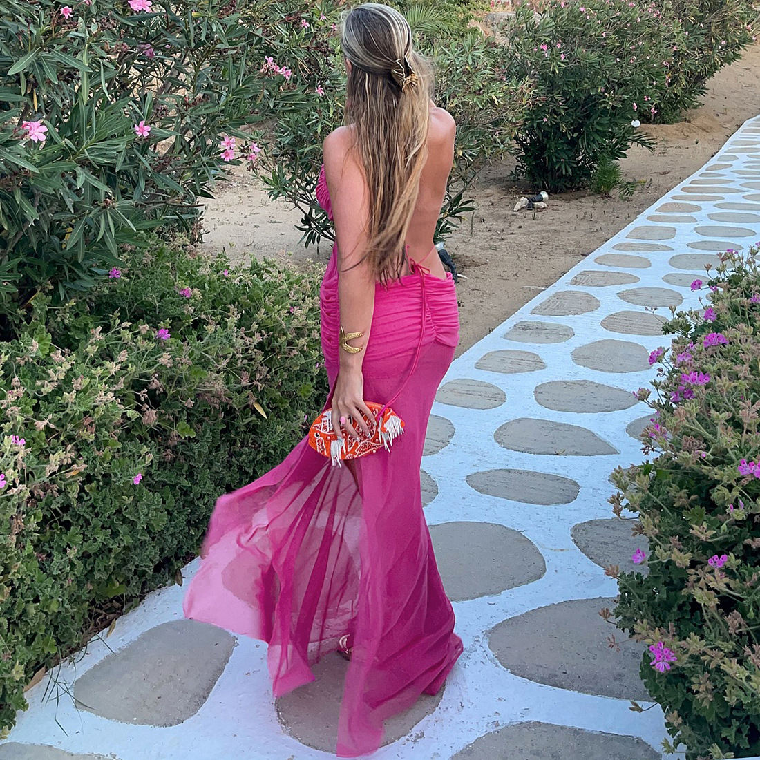 Sheer Tie Neck Open Back Maxi Dress