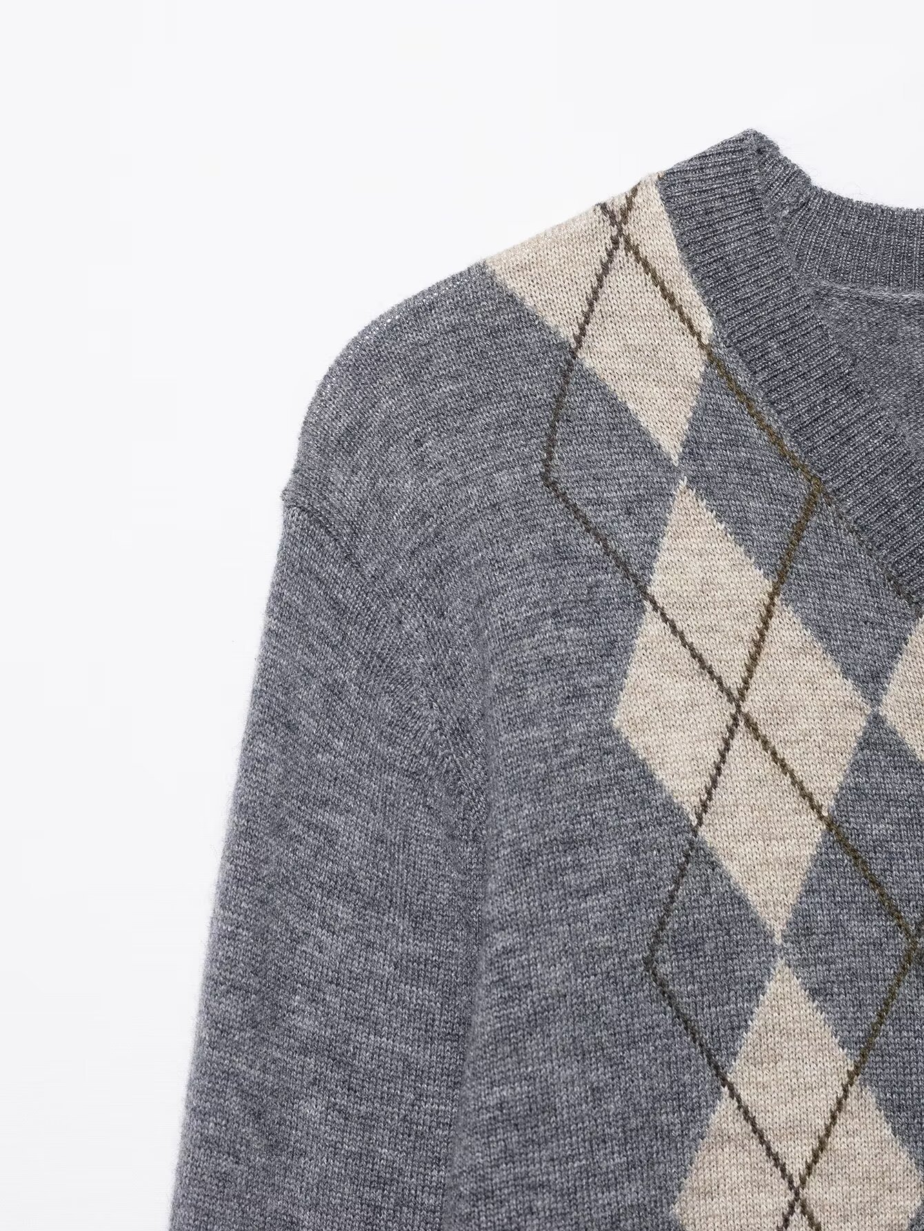 Crew Neck Button Front Geometric Print Polyester Sweater