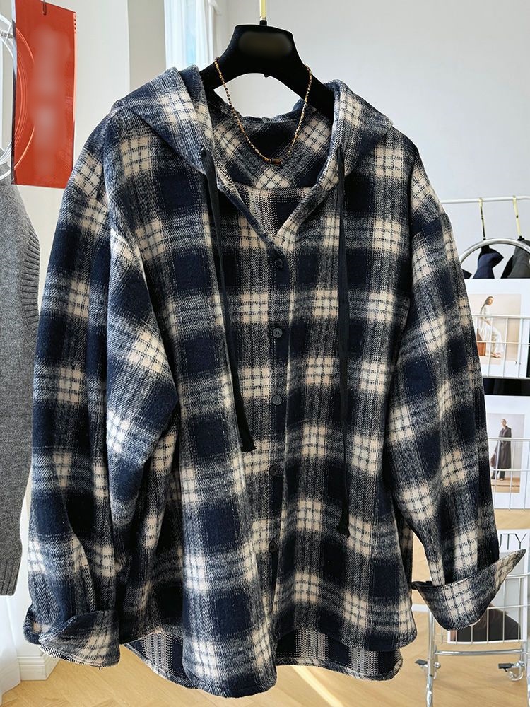Ladies Oversized Checkered Cotton Blend Hoodie
