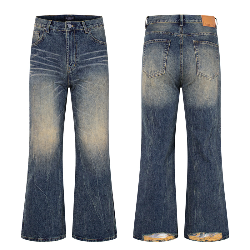 Washed Cat-Whisker Yellow Mud-Dyed Knife-Edge Jeans Women Cleanfit Washed Ripped Versatile Slightly Flared Pants