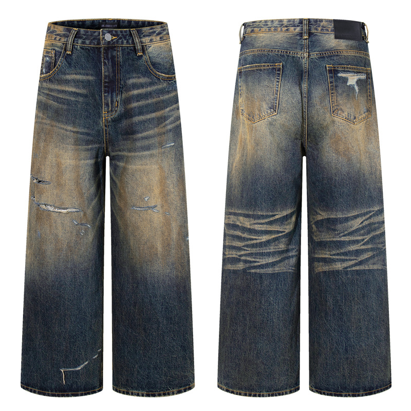 Vintage Washed Ripped Street Style Dagger Cut Denim Pants, Unisex Loose Clean Fit Wide Leg Floor-Length Trousers